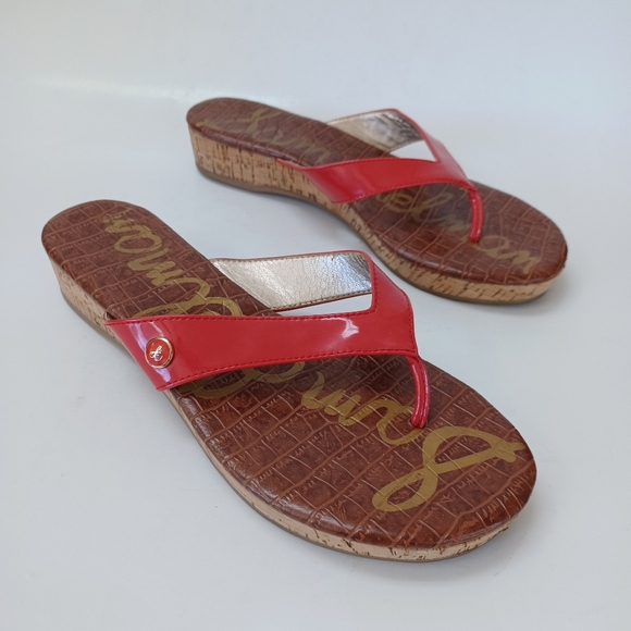 Sam Edelman Sandals Tanya Red Patent Leather Cork Wedge Womens 7.5 M - Picture 8 of 15